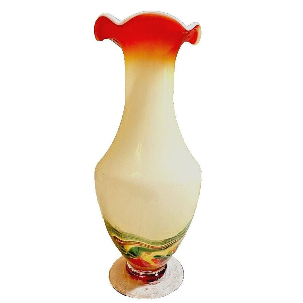 Murano Style Art Glass Cream Multi Colored Swirl's Ruffled Hand Blown Vase